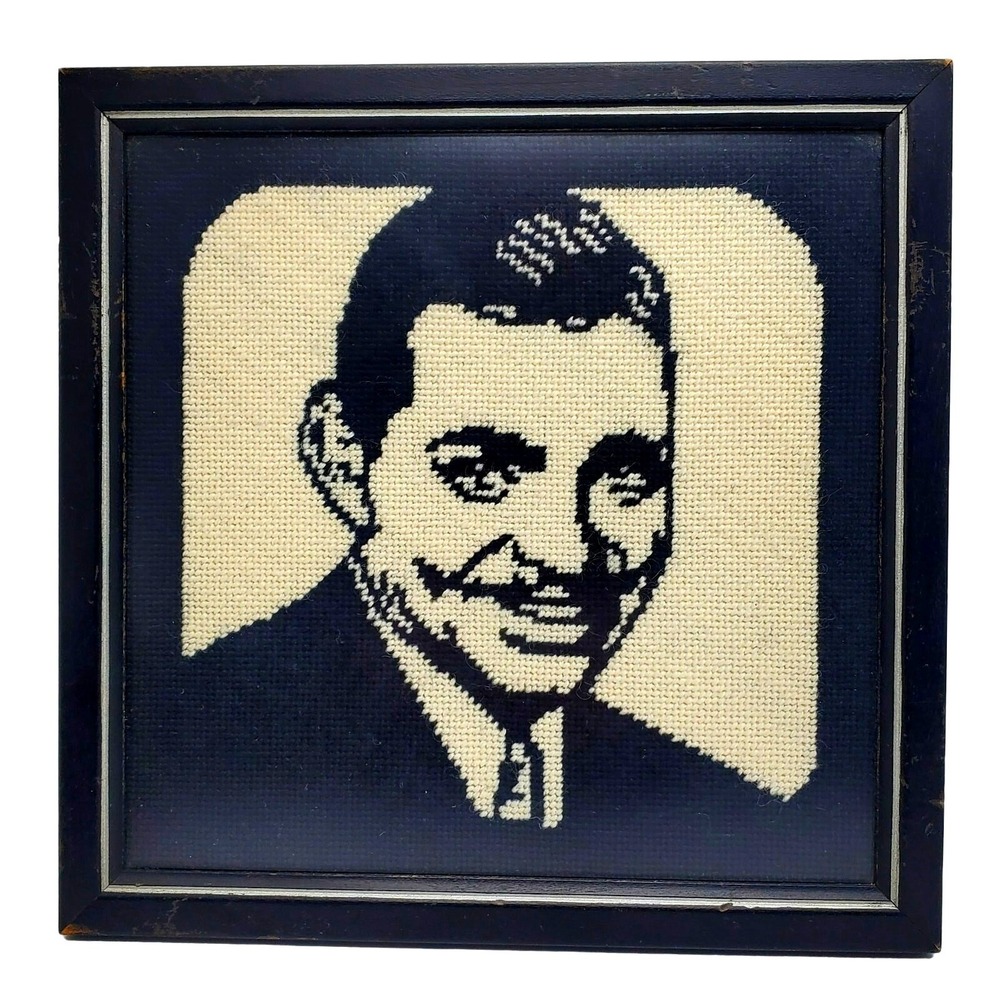 Clark Gable Portrait Needlepoint Wall Fiber Art Framed Black White Hollywood Vtg